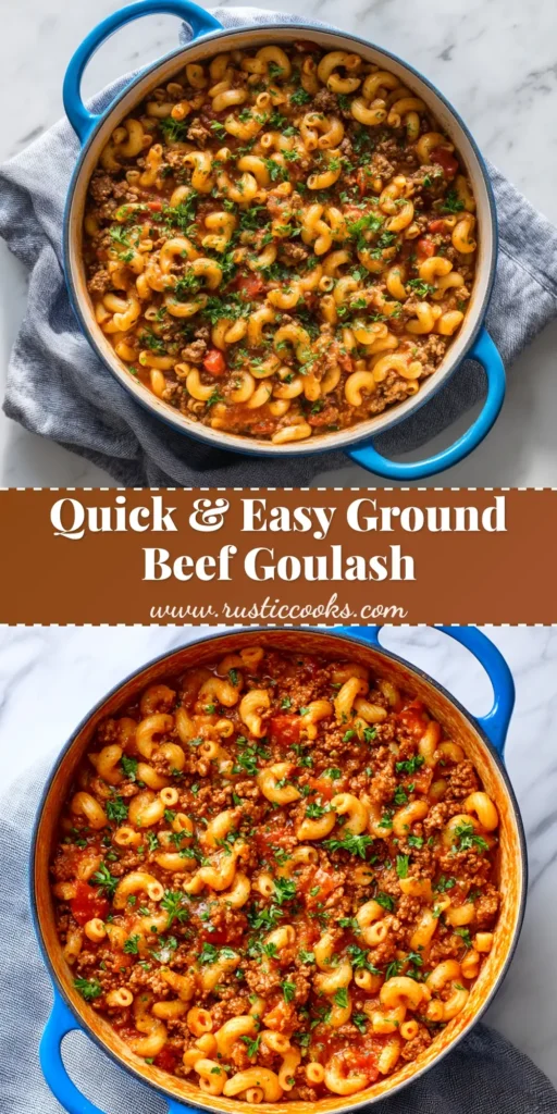 Easy one-pot Ground Beef Goulash recipe with elbow macaroni and tomatoes. A classic American comfort food served in a white bowl.