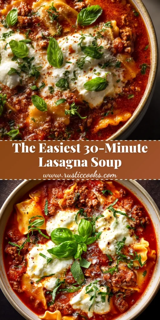 A bowl of rich and creamy Lasagna Soup topped with a dollop of ricotta cheese mixture and fresh parsley, ready to be eaten.