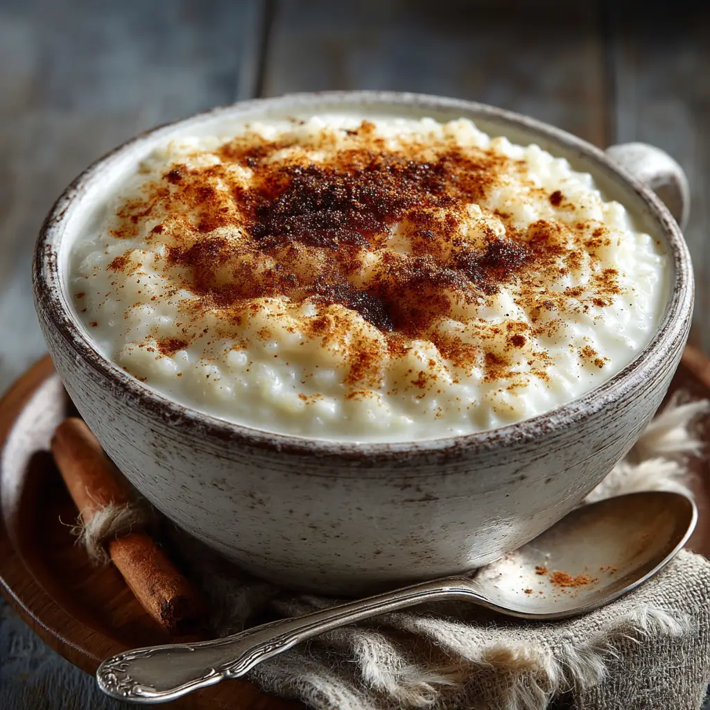 An overhead view of a bowl of easy rice pudding, highlighting its smooth texture and a garnish of fresh cinnamon.