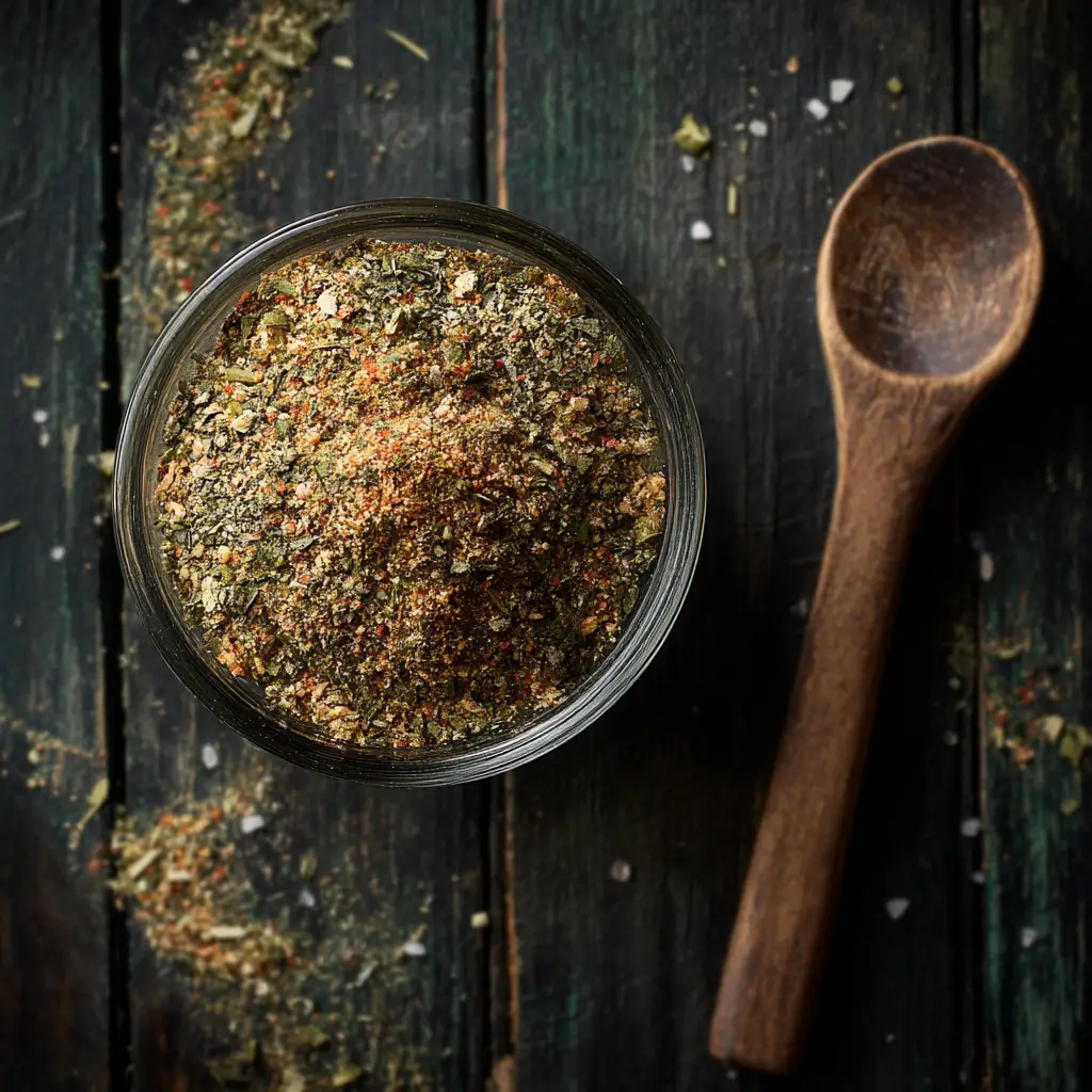 A close-up of a DIY sausage spice blend in a bowl, showcasing the texture of the sage, paprika, and black pepper.