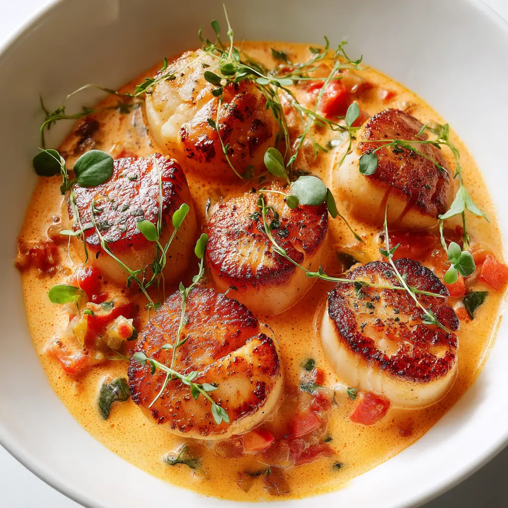 A spoonful of creamy vodka sauce with a tender scallop being lifted from the bowl.