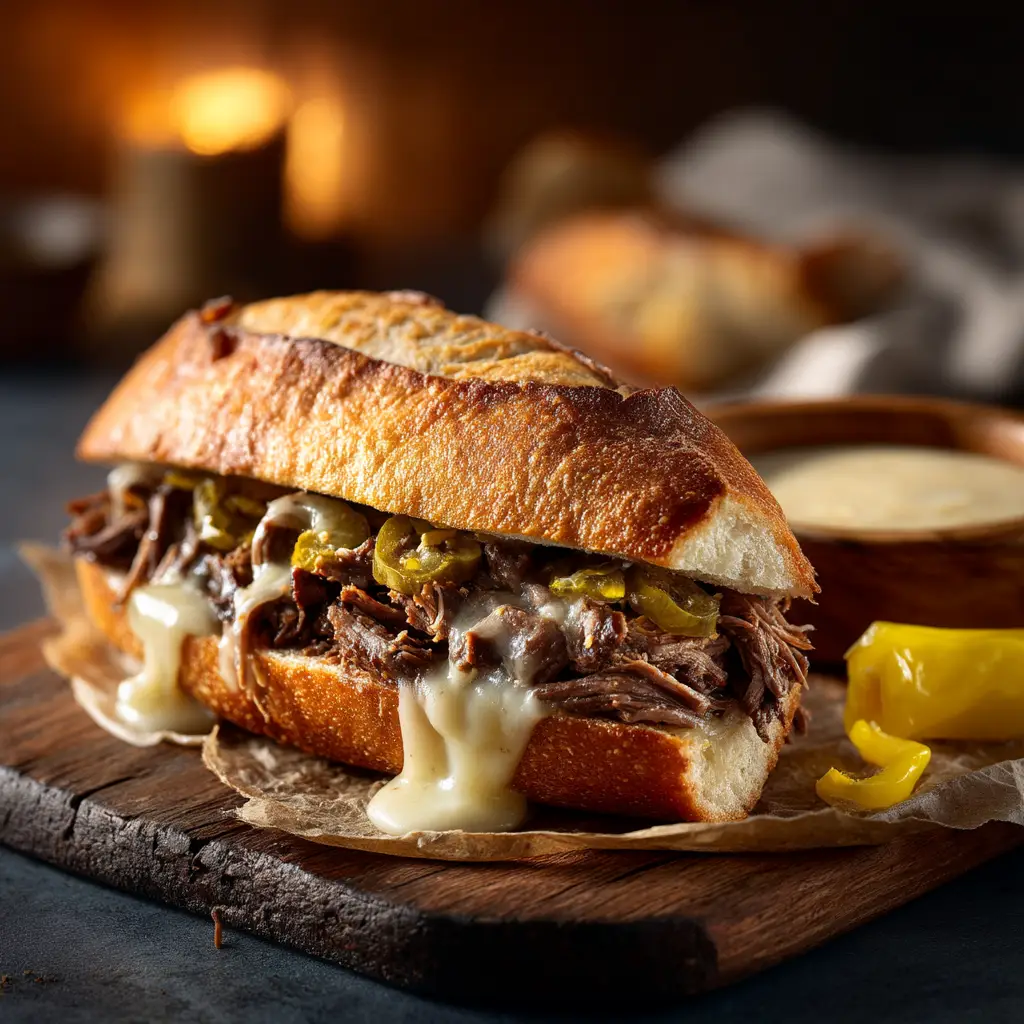 A perfectly assembled Mississippi Roast Sandwich with melted provolone cheese, served on a plate.