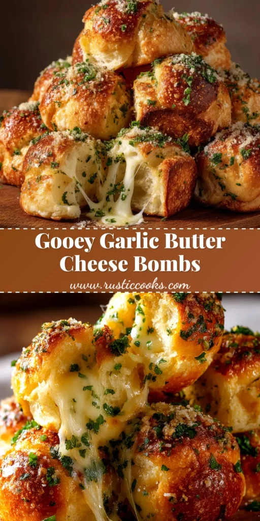 A shareable pin image of Garlic Butter Cheese Bombs, showing golden brown biscuit balls covered in herbs with text overlay for Pinterest.
