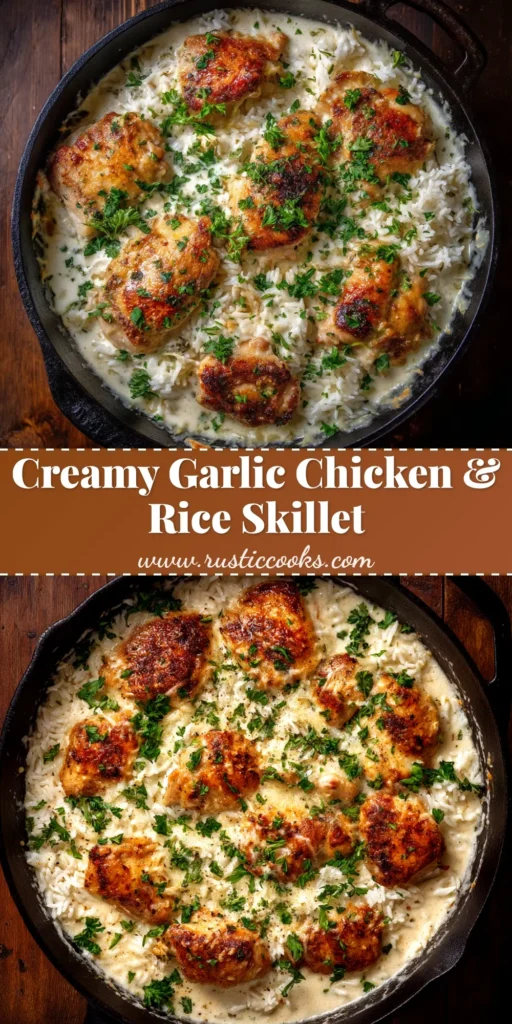 A skillet of creamy one-pan Garlic Parmesan Chicken and Rice, garnished with fresh parsley.