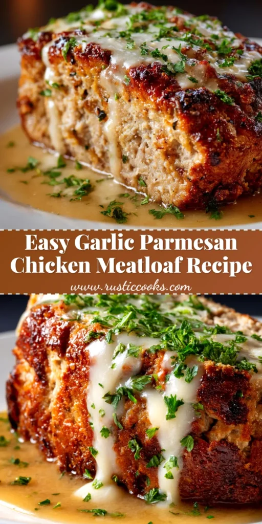 A visually stunning Garlic Parmesan Chicken Meatloaf with a rich glaze, presented on a rustic platter. This recipe is perfect for a juicy, flavorful weeknight dinner.