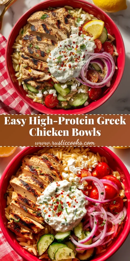An overhead shot of four Greek chicken bowls ready for meal prep, featuring marinated chicken, quinoa, fresh vegetables, and tzatziki sauce.