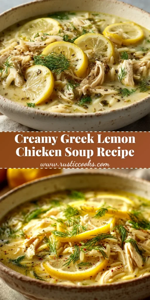 A vertical pin image showing a bowl of creamy Greek Lemon Chicken Soup, garnished with fresh dill. Text overlay reads 'Authentic Greek Lemon Chicken Soup (Avgolemono)'.