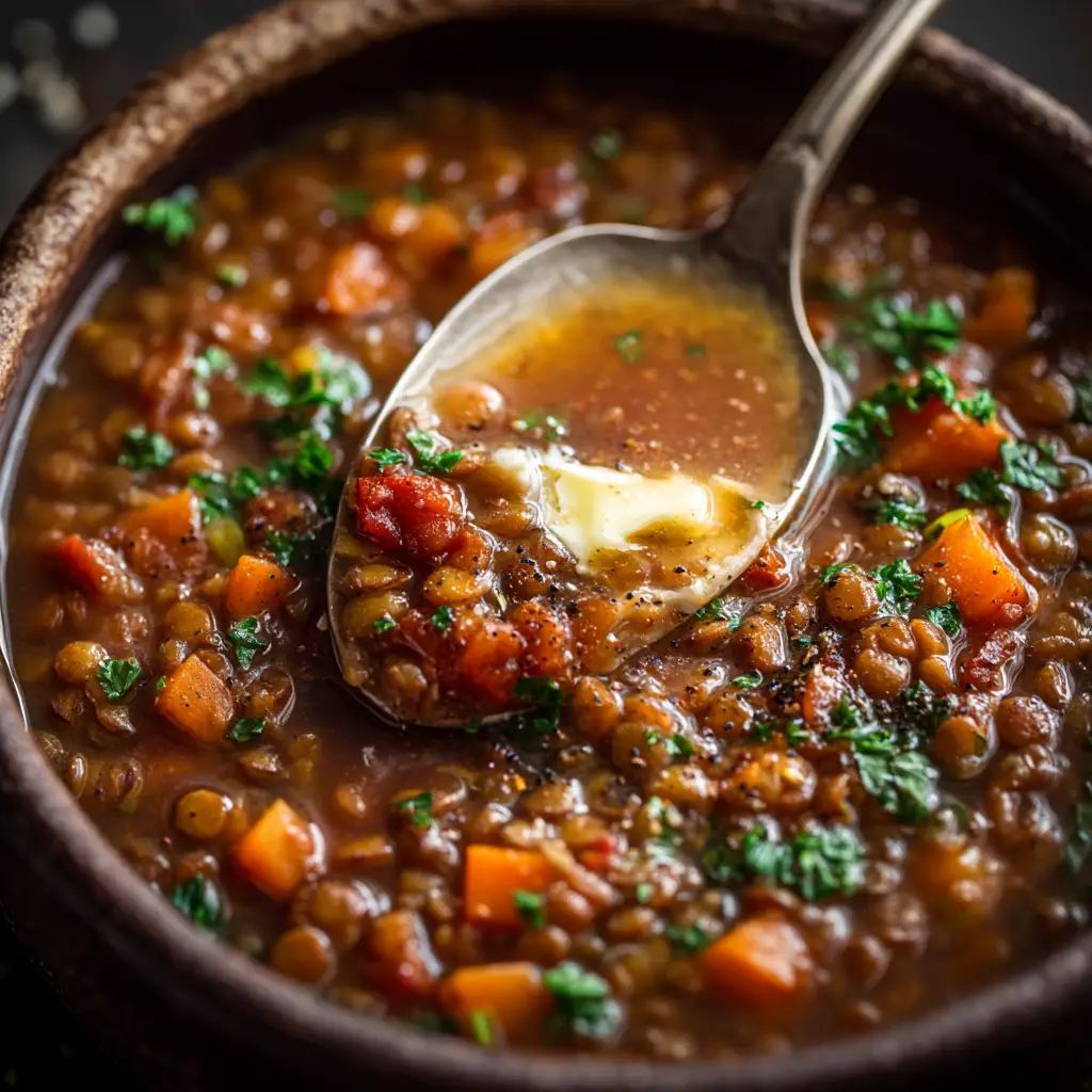 A bowl of healthy vegetarian lentil soup with a spoon, ready to be eaten. The soup is garnished with fresh herbs.