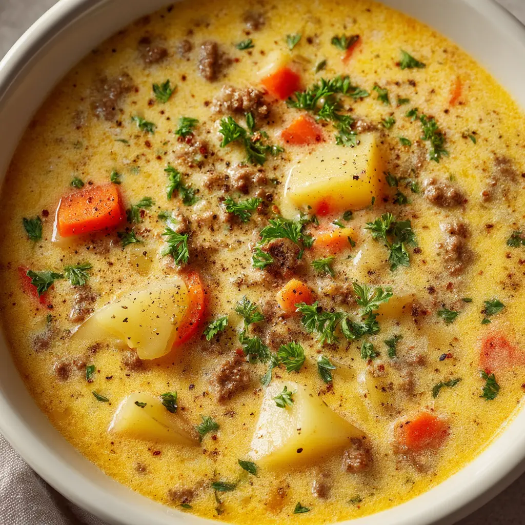 A bowl of hearty cheeseburger soup topped with extra shredded cheddar cheese and fresh parsley, ready to be eaten.