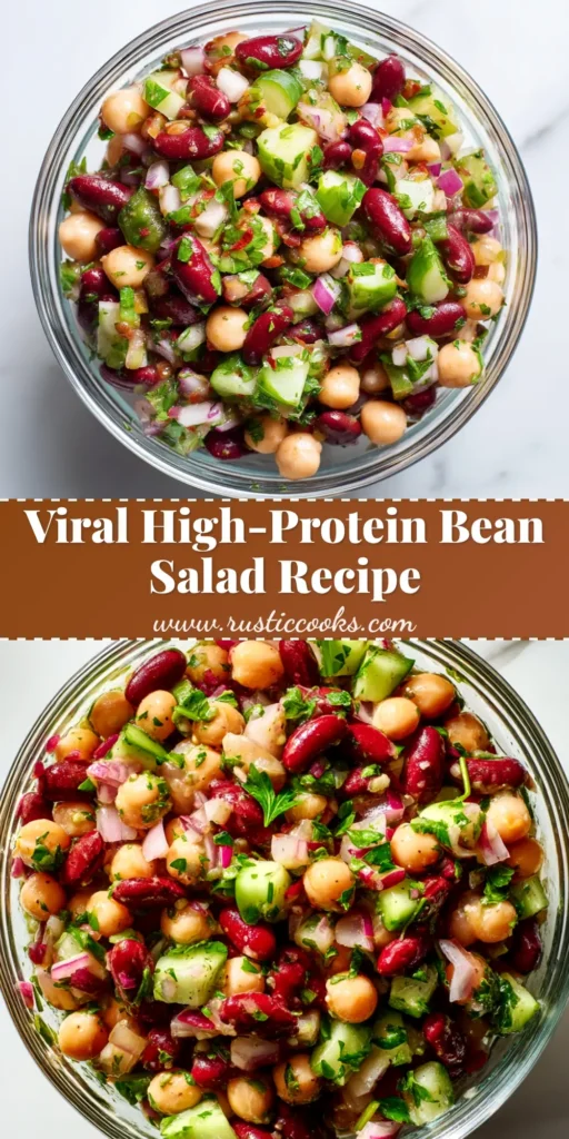 A large white bowl filled with a colorful High-Protein Bean Salad, featuring chickpeas, black beans, and corn, with a text overlay.