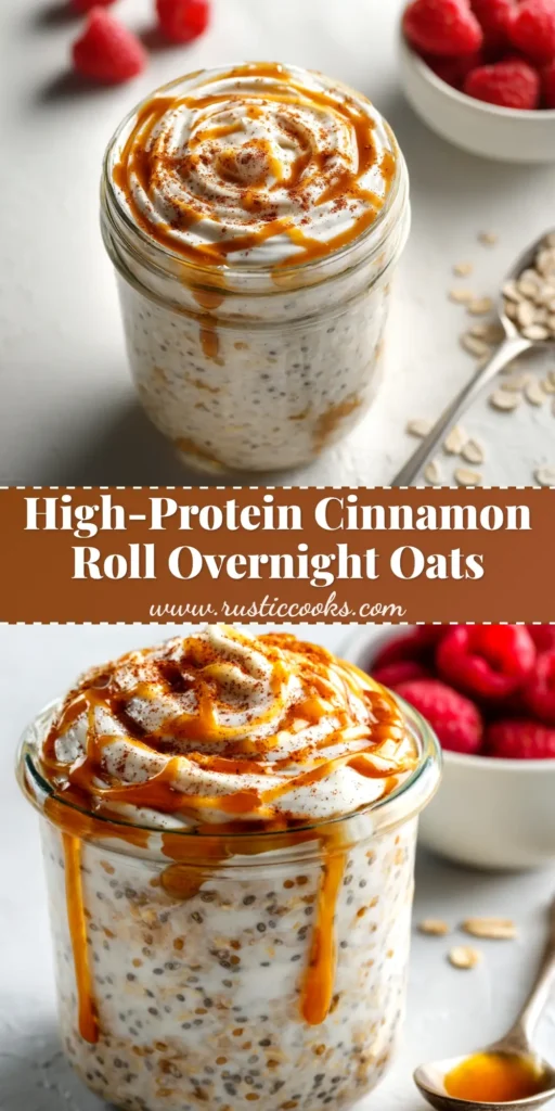 A jar of high protein cinnamon roll overnight oats with a creamy topping and a sprinkle of cinnamon, ready to be eaten.