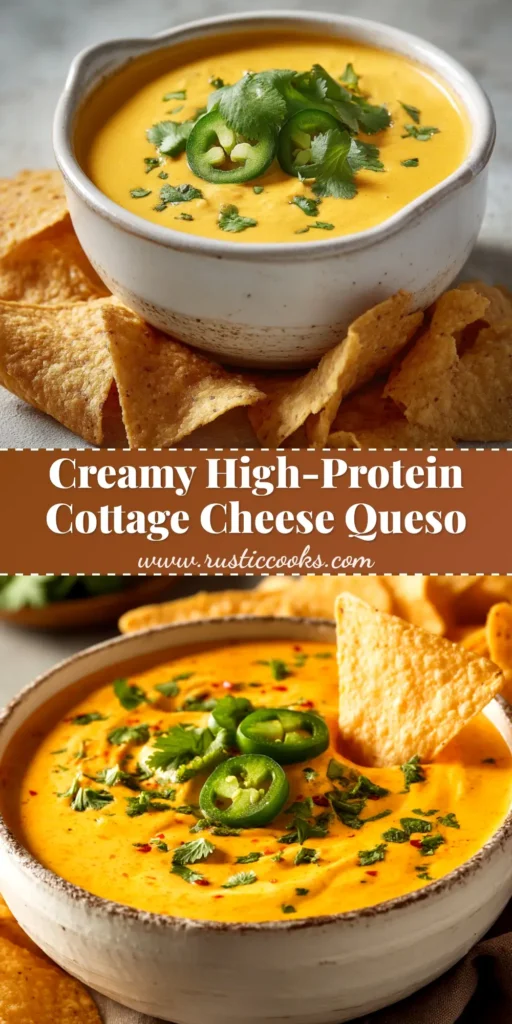 A vibrant bowl of high protein cottage cheese queso, garnished with fresh cilantro and served with tortilla chips for dipping.