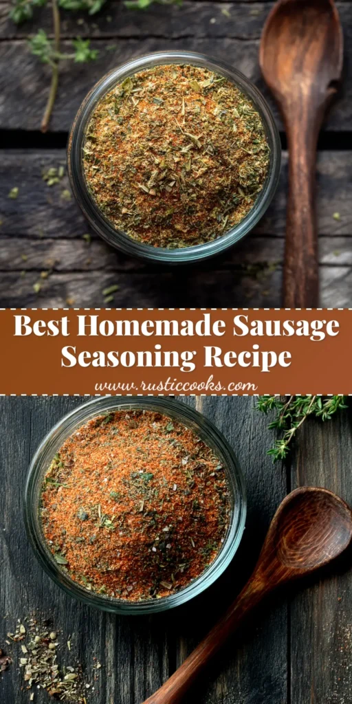 A close-up shot of homemade breakfast sausage seasoning in a small glass bowl, with loose spices scattered around it. The text overlay reads 'The Best Homemade Breakfast Sausage Seasoning'.