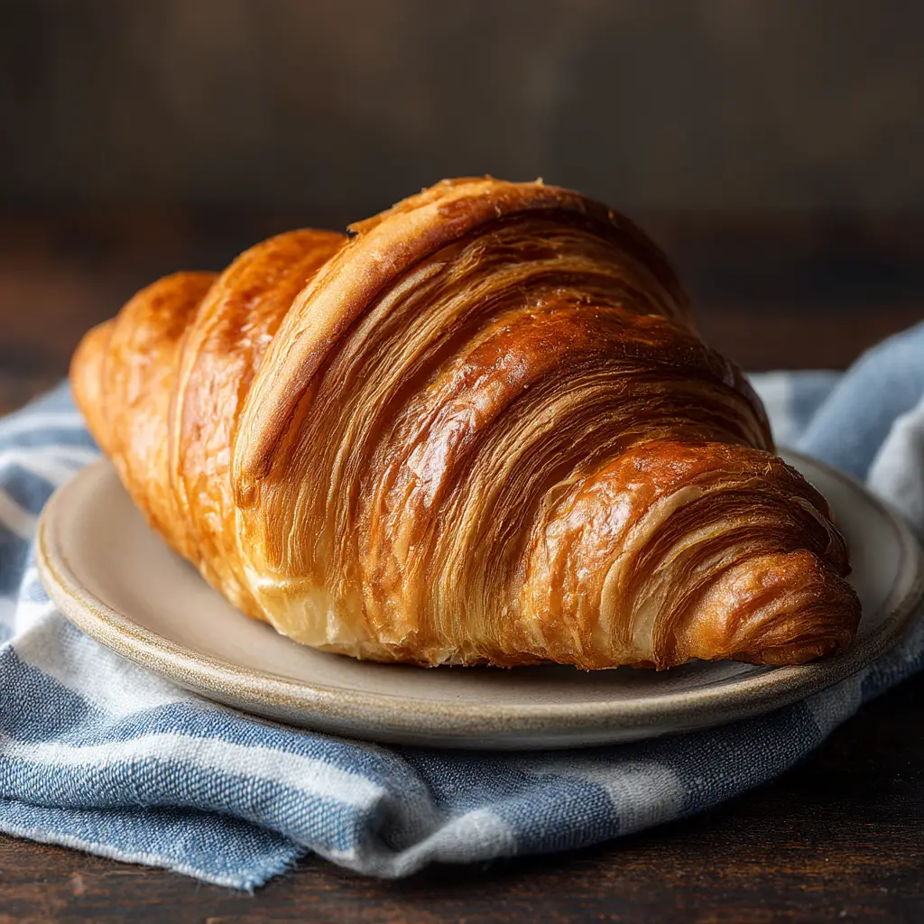 A single, perfectly baked croissant from our Homemade French Croissant Recipe, showcasing its golden, flaky layers on a marble surface.