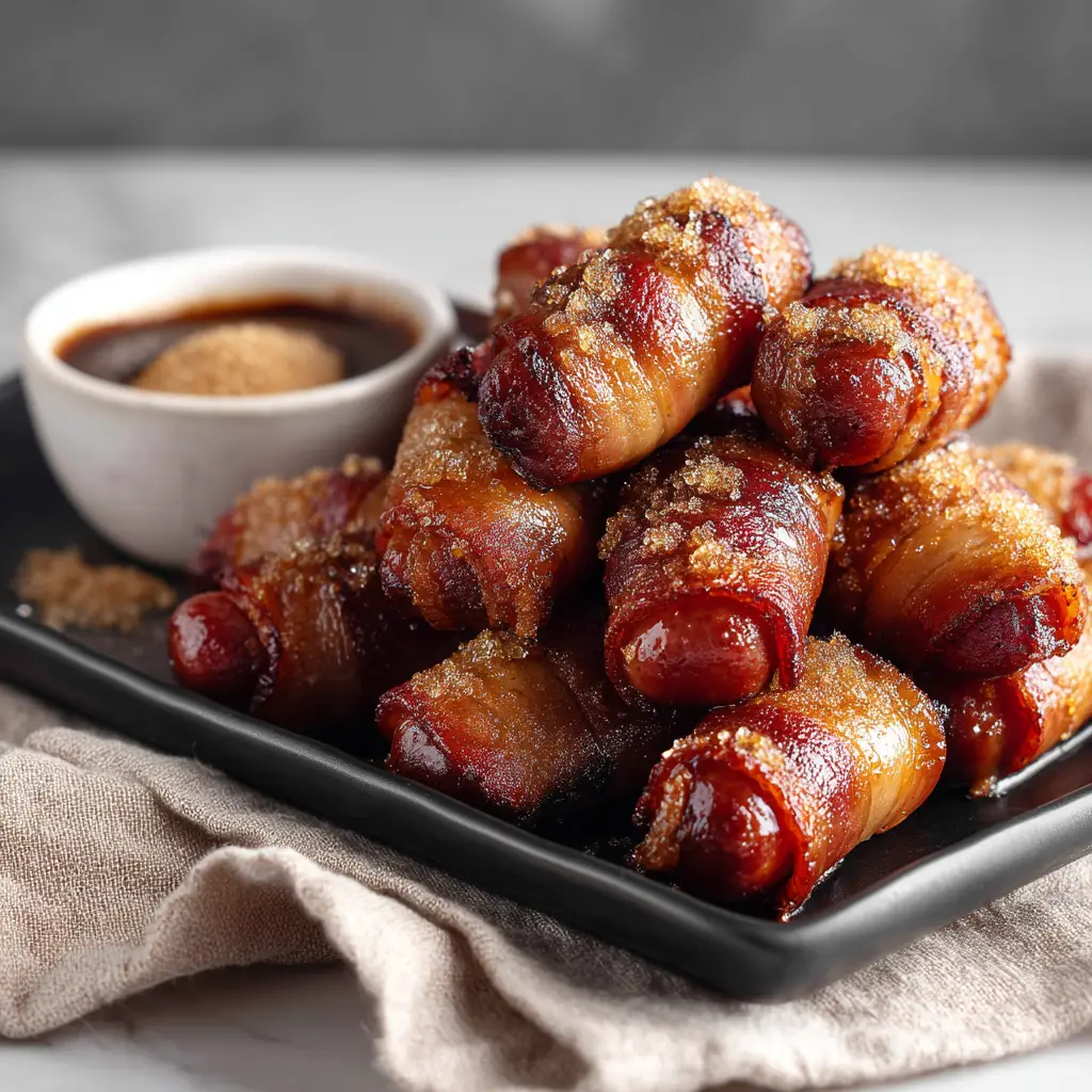 A batch of bacon wrapped smokies with brown sugar arranged on a baking sheet with a wire rack before being cooked.