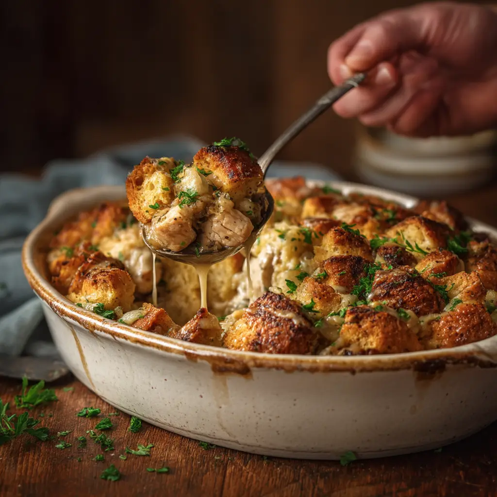 The process of layering the chicken and stuffing casserole in a baking dish before it goes into the oven.