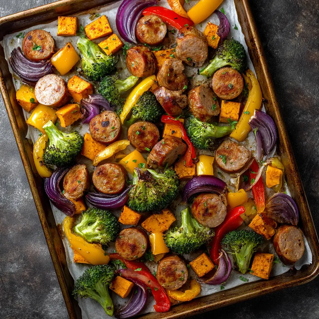 A close-up of sheet pan chicken sausage and veggies being tossed with seasoning before roasting. Shows the preparation for this one-pan recipe.