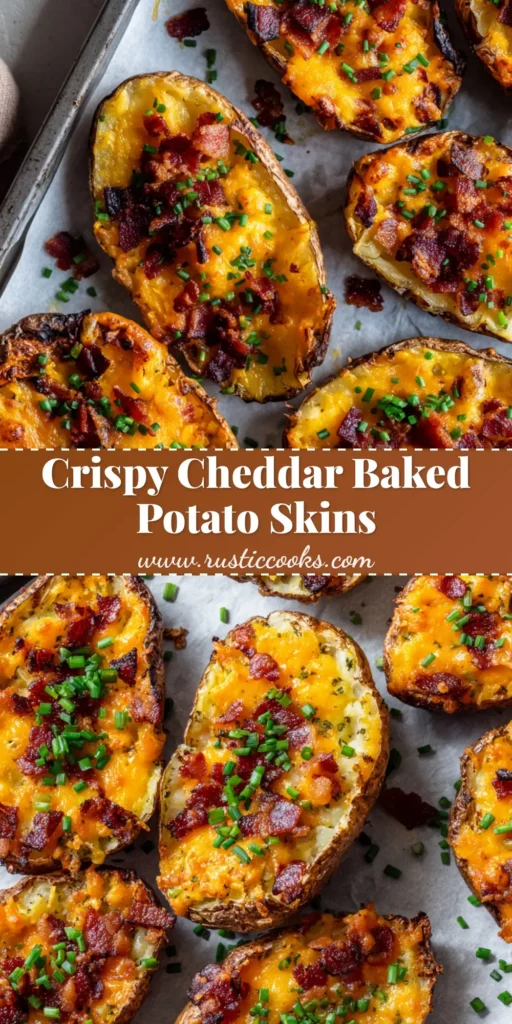 Close up overhead shot of crispy baked potato skins with bubbling melted cheddar cheese, crispy bacon bits, and chopped chives.