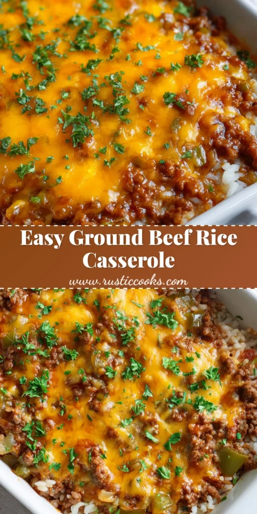 A close-up, overhead shot of a hearty ground beef and rice casserole in a rectangular white ceramic baking dish, topped with bubbly orange cheddar and parsley.