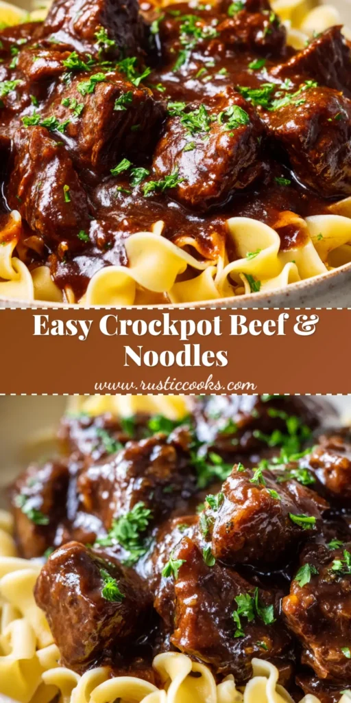 A close-up view of tender, slow-braised beef stew meat chunks glistening in a thick, rich savory dark brown gravy ladled over soft egg noodles.