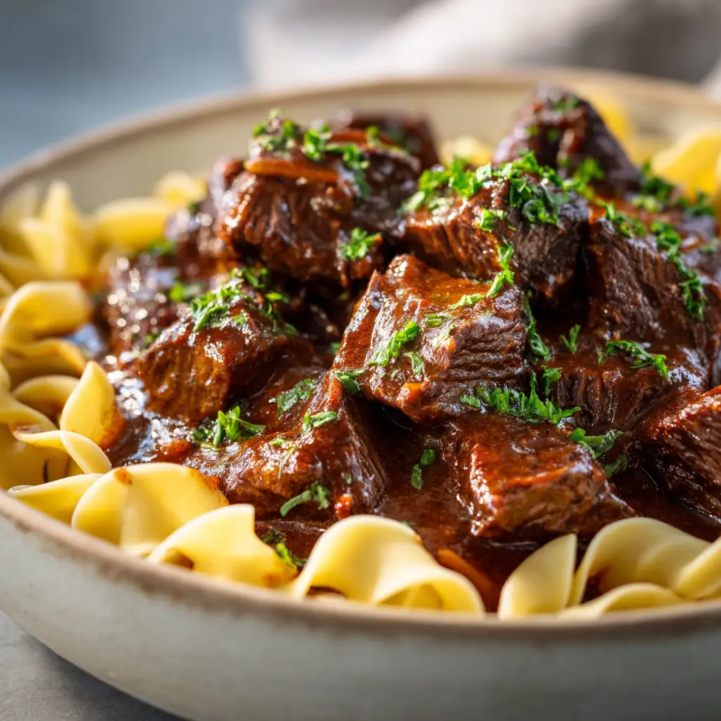 A rustic white ceramic bowl filled with soft wide egg noodles topped with beef tips and green parsley garnish.