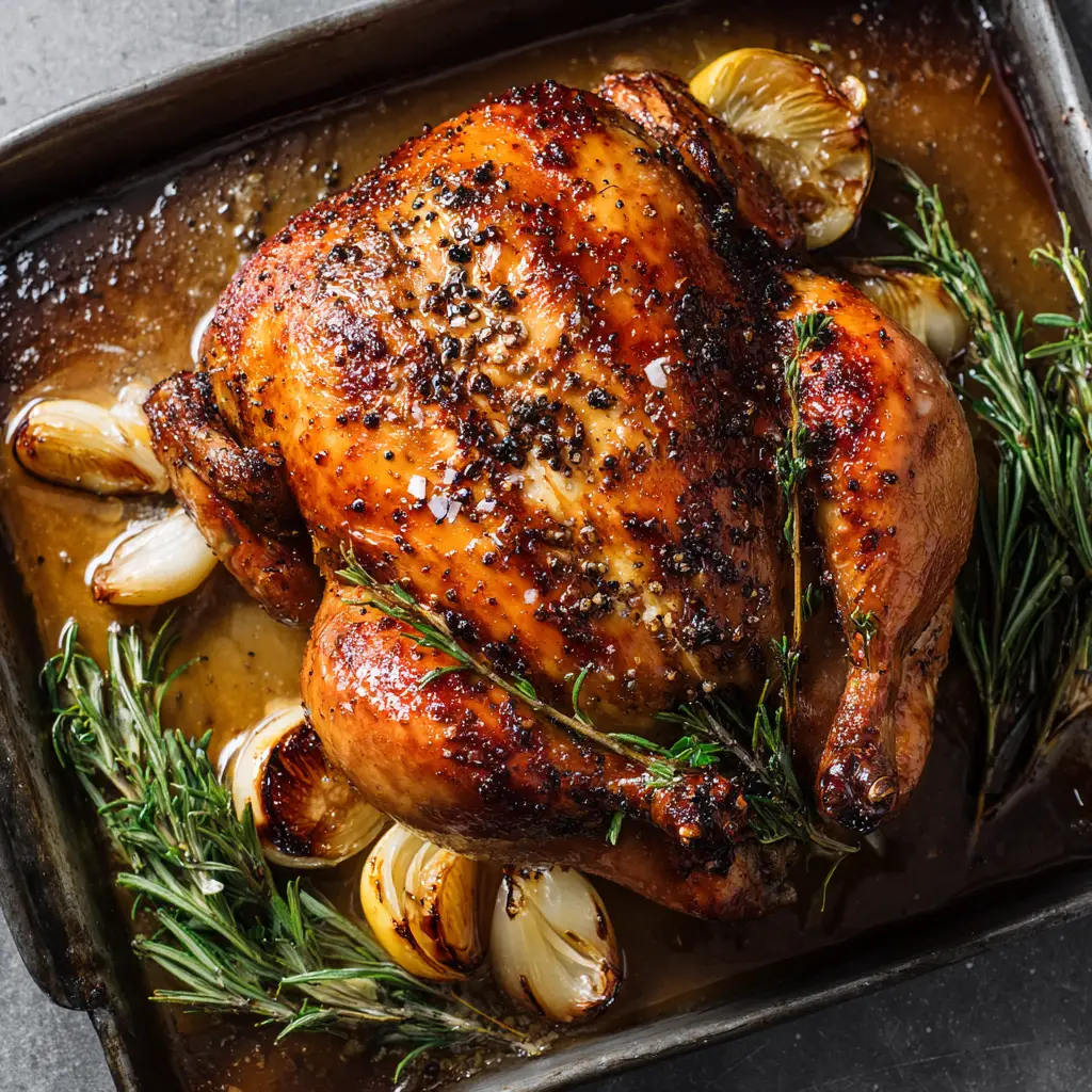 Whole roasted chicken resting in a dark metal roasting pan surrounded by charred lemon halves, caramelized garlic cloves, and fresh rosemary sprigs.