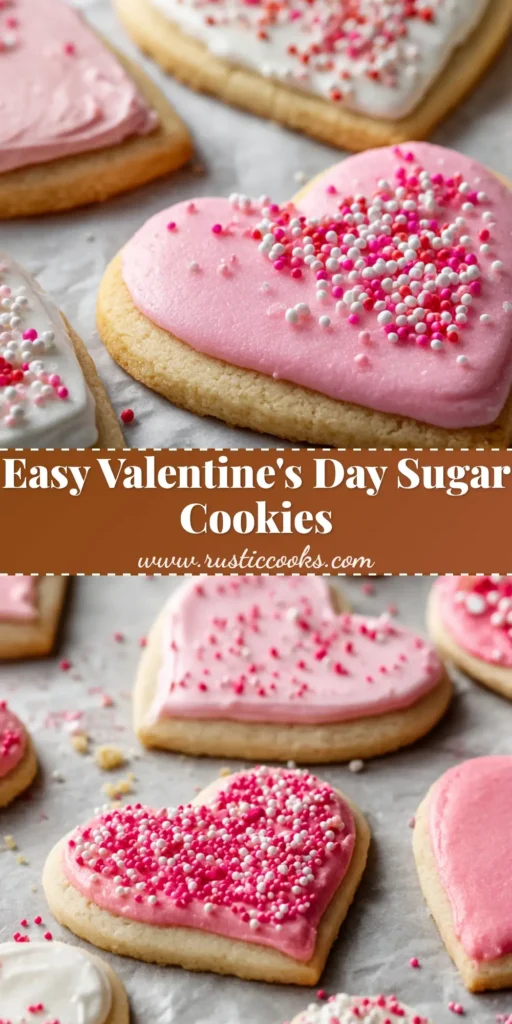 Close up shot of Valentine's Day Sugar Cookies featuring a glossy pale pink royal icing and round sugar sprinkles.