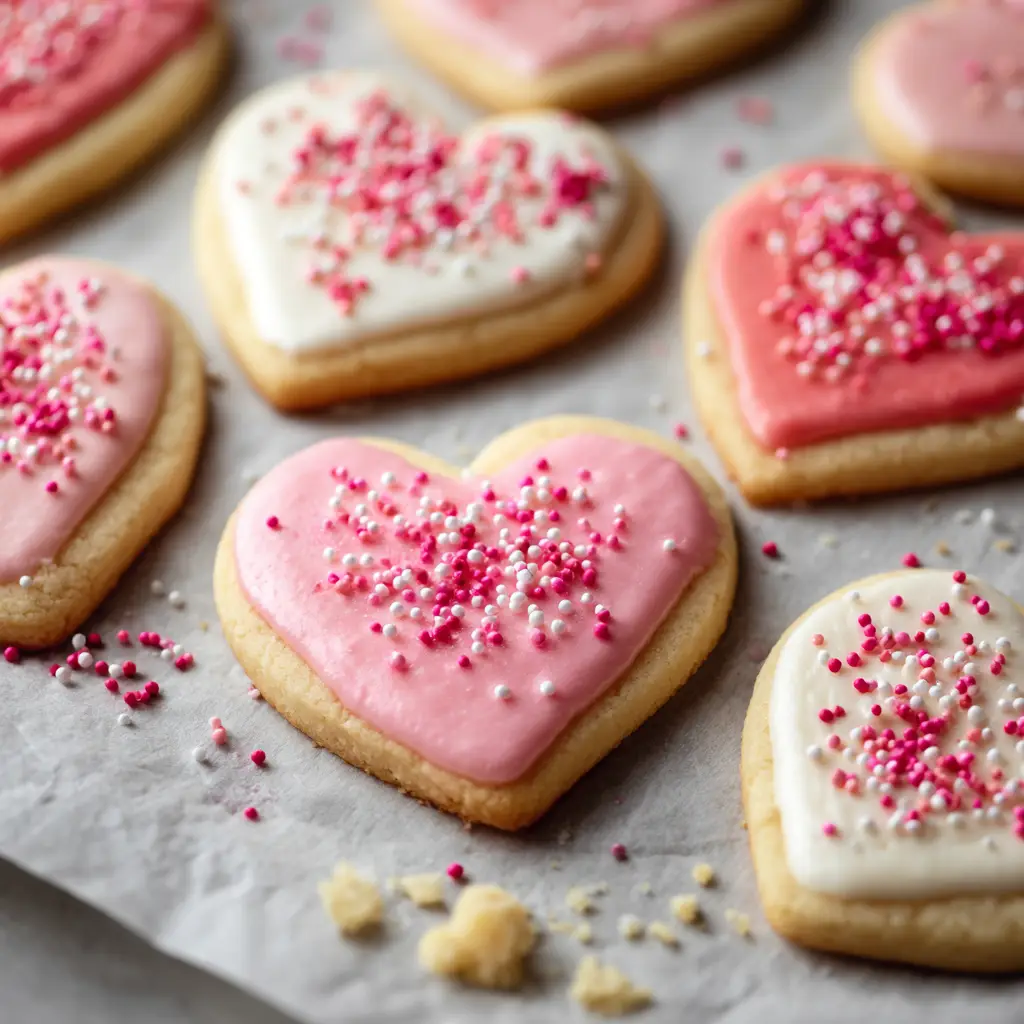 Freshly baked heart-shaped Valentine's Day sugar cookies on unbleached baking parchment with pale golden edges.