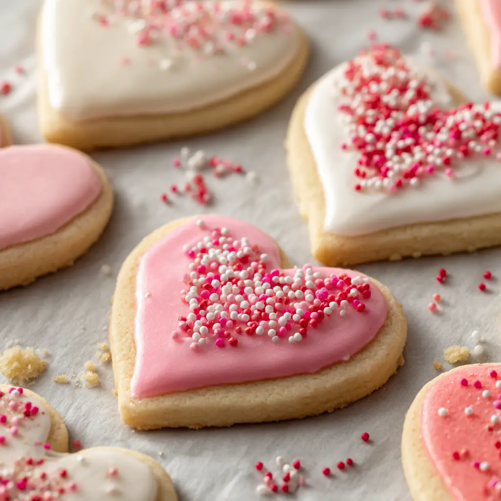 Valentine's Day Sugar Cookies flooded with stark white and pale pink royal icing covered in round sugar sprinkles.