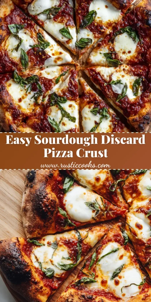 A close-up of a highly blistered Sourdough Discard Pizza Crust sliced into wedges, featuring dark charred spots, thick red tomato sauce, melted fresh white mozzarella cheese patches, and slightly wilted fresh green basil leaves on a rustic wooden pizza peel.