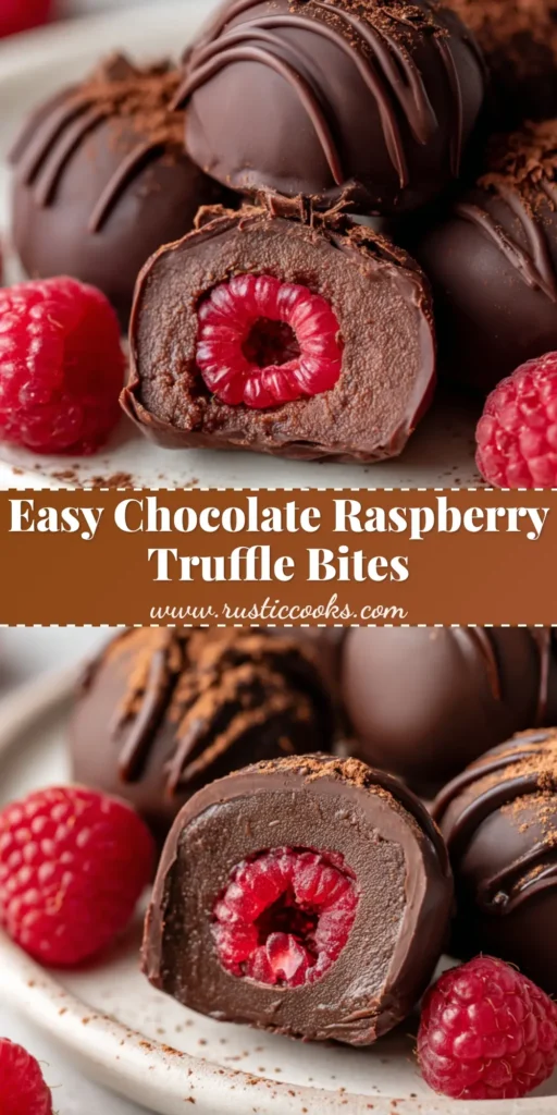 A close up shot of bite-sized chocolate raspberry truffles perfectly encased in a thick, smooth, dark chocolate shell with a milk chocolate drizzle.