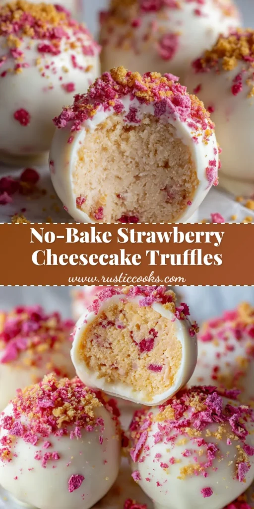 Close up of a halved Strawberry Cheesecake Truffle showing a dense pale pink interior and a smooth white chocolate shell speckled with bright pink strawberries.