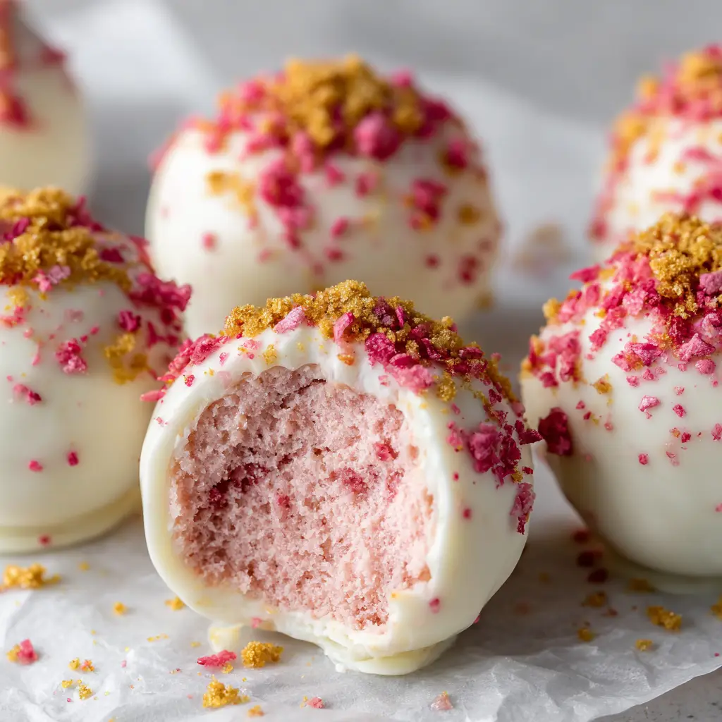 Ingredients for Strawberry Cheesecake Truffles including cream cheese, graham crackers, white chocolate, and freeze-dried strawberries.