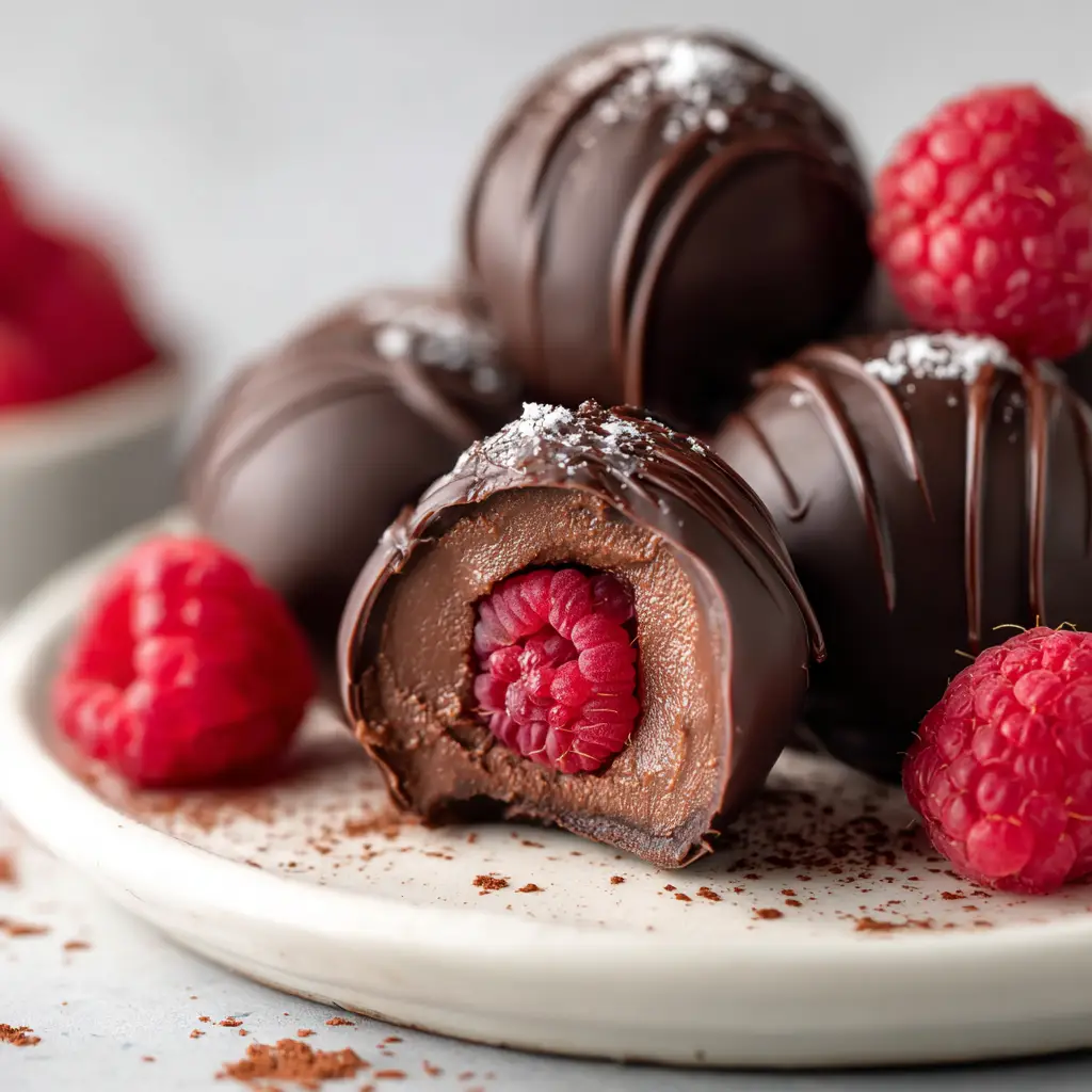 Sliced chocolate raspberry truffle revealing a bright red fresh raspberry inside a thick dark chocolate shell.
