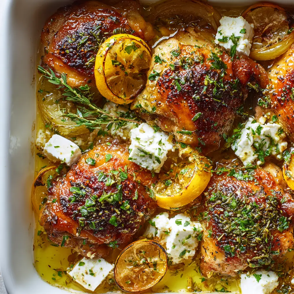 Greek Lemon Feta Chicken covered in large chunks of softened white feta cheese, chopped fresh green parsley, and coarse dried oregano.