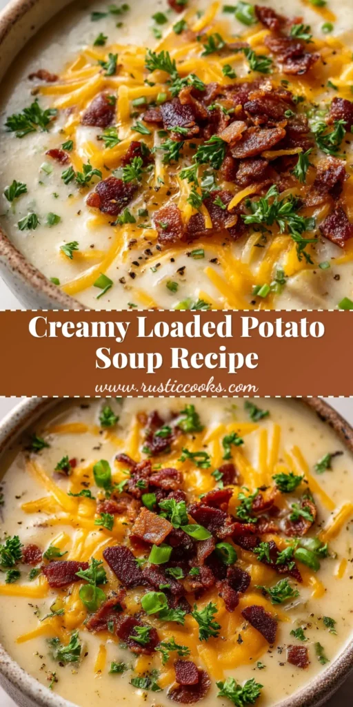 A rustic ceramic bowl filled with thick, creamy Pioneer Woman Potato Soup, topped with melted sharp yellow cheddar, crispy bacon, and fresh scallions.