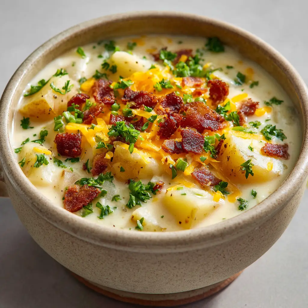 Simmering potato soup in a Dutch oven with visible soft chunks of cooked russet potatoes.