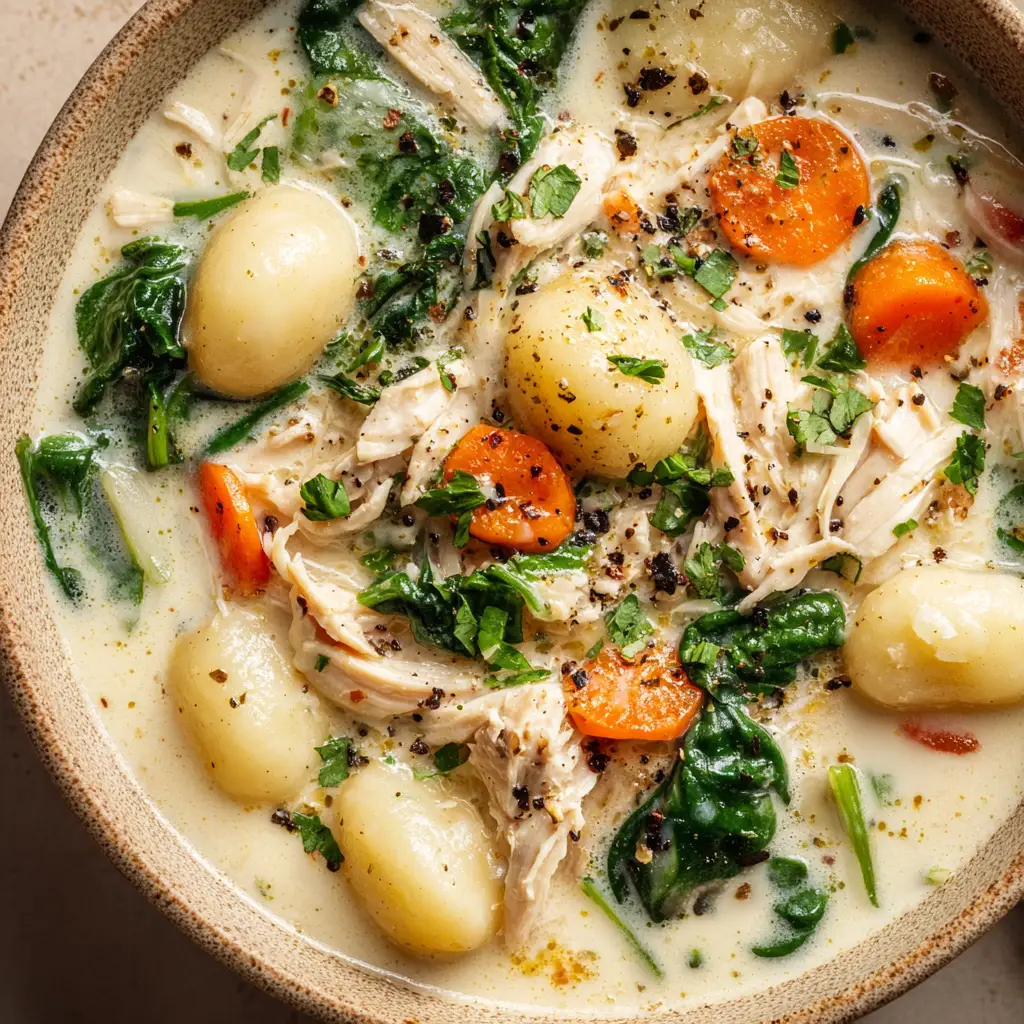 Close-up of shredded orange carrots, dark green spinach, and tender chunks of shredded chicken in creamy gnocchi soup.