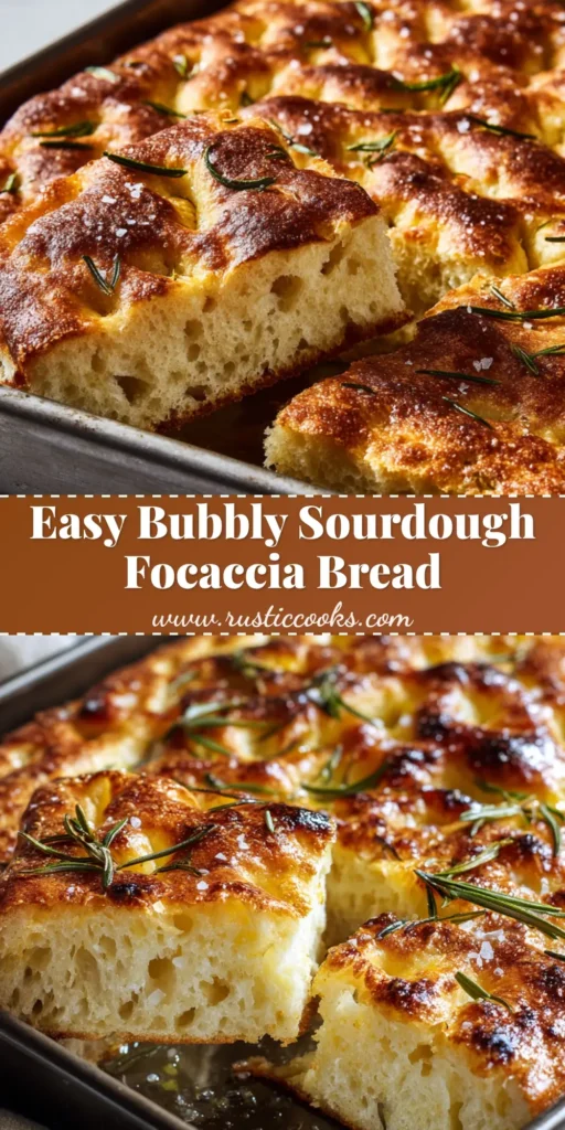 A freshly baked thick sourdough focaccia bread in a dark metal pan, glistening with olive oil and topped with rosemary and flaky sea salt.