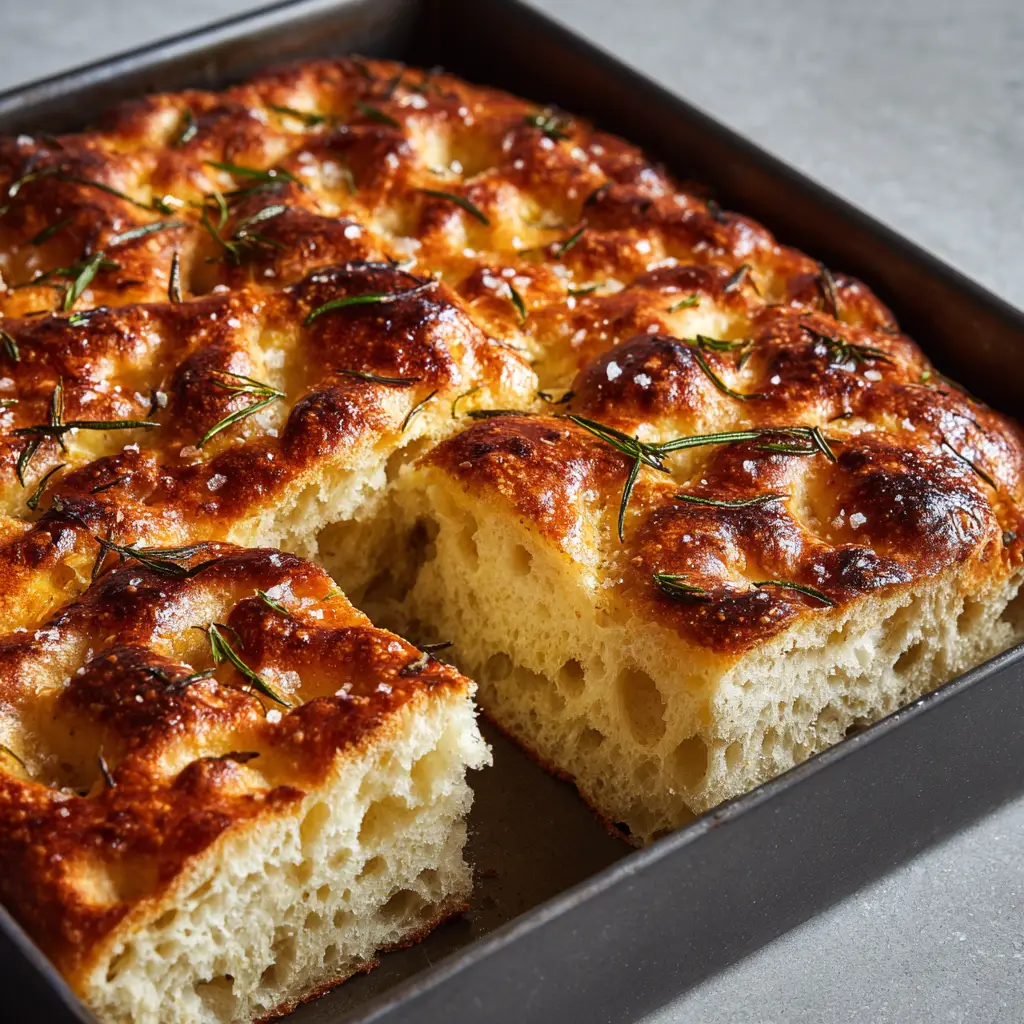 Sourdough focaccia dough in a dark metal pan showing deep dimpled indentations and pools of olive oil.