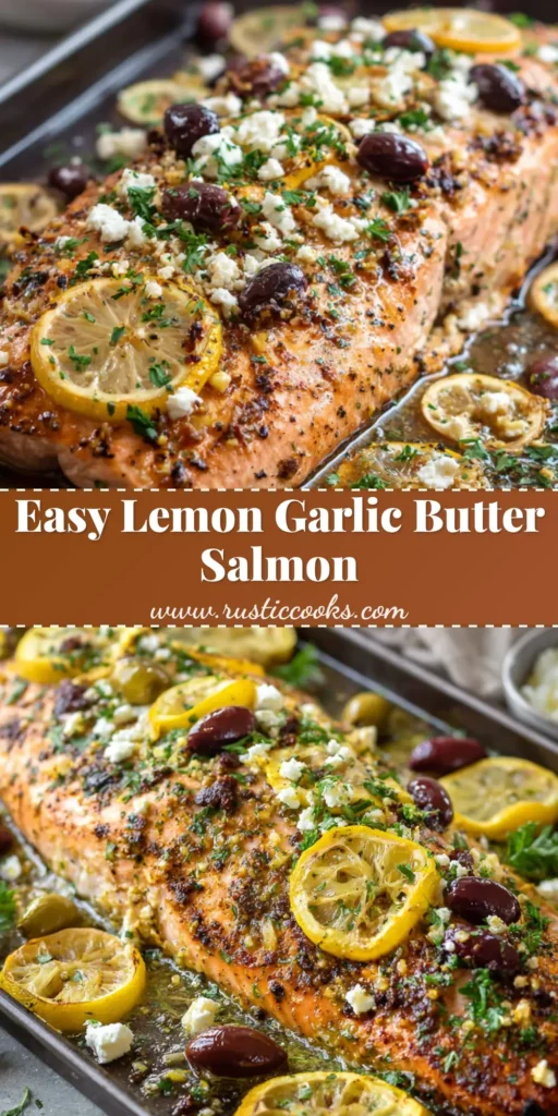 A large roasted sheet pan salmon fillet with a charred crust, glistening garlic butter, caramelized lemons, olives, and crumbled feta cheese.