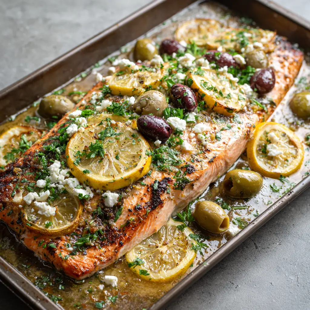 Sizzling sheet pan salmon roasting in the oven on a dark metal baking pan with caramelized lemons and olives.
