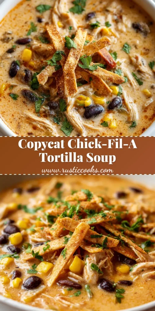 A close-up shot of a creamy, light orange-hued Copycat Chick Fil A Chicken Tortilla Soup in a round white ceramic bowl with visible chunks of tender chicken breast, plump black beans, yellow sweet corn kernels, crispy tortilla strips, and fresh cilantro.
