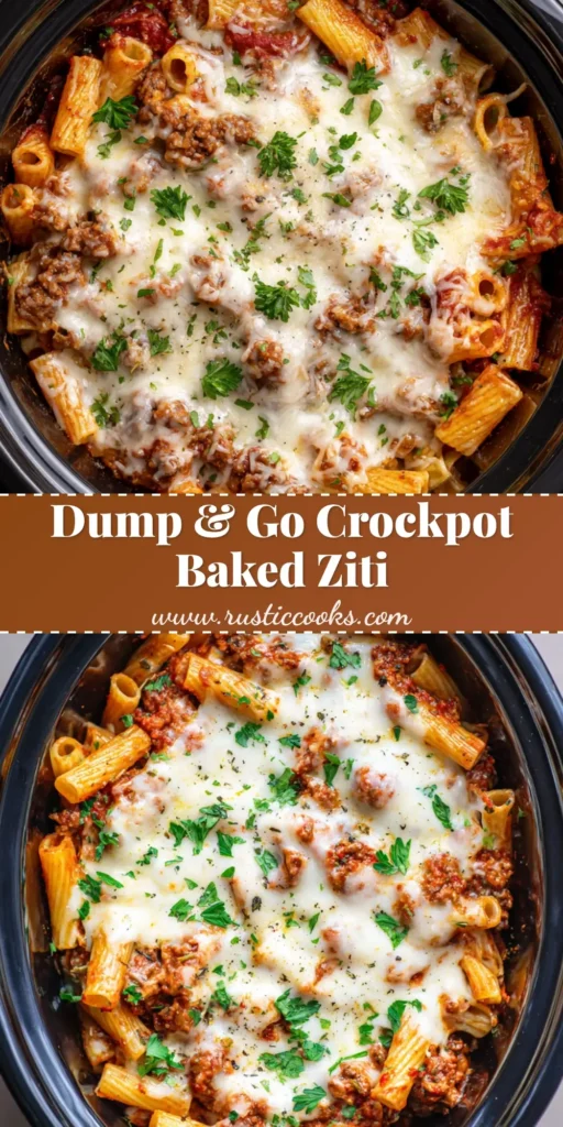 Overhead shot of Crockpot Baked Ziti in a black oval slow cooker insert, topped with melted mozzarella, blistered cheese spots, oregano, and parsley.
