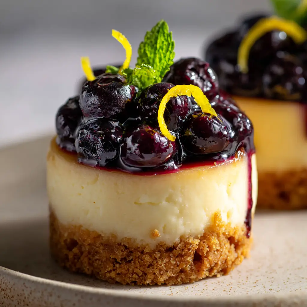 A mini lemon cheesecake on a neutral ceramic plate topped with dark purple blueberry syrup, a lemon zest curl, and a green mint leaf.