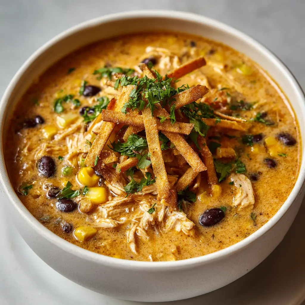 Close-up of a thick, opaque creamy light orange-hued chicken tortilla soup simmering in a heavy pot.