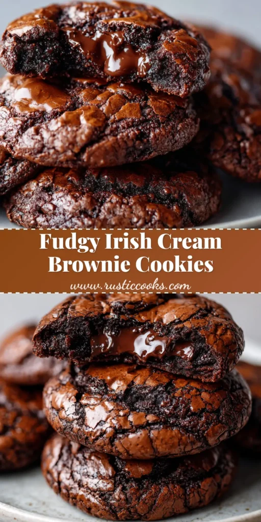 A stack of freshly baked Fudgy Irish Cream Brownie Cookies on a light grey ceramic plate with a glossy, deeply crackled crust.