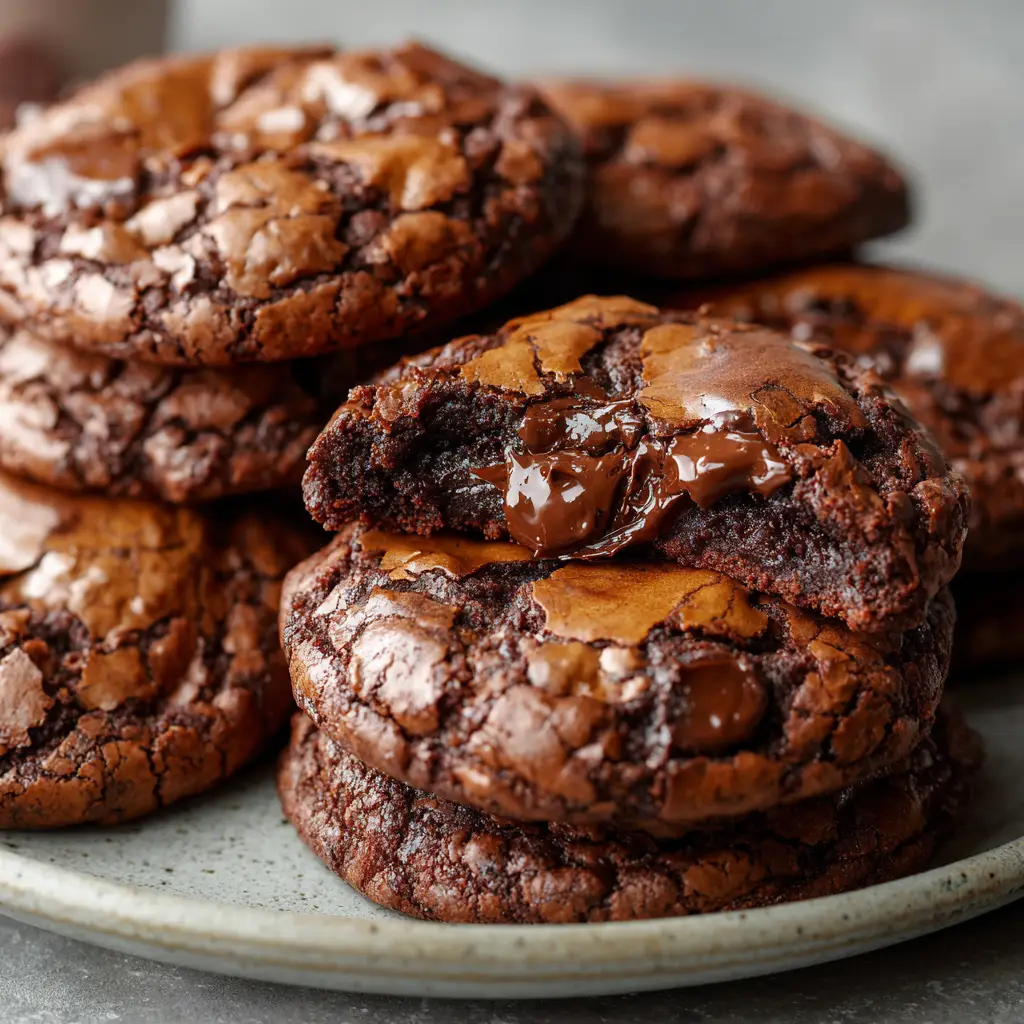 Close up of Irish Cream Brownie Cookies stacked on a light grey ceramic plate showing a deep dark brown hue and a crinkled crust.