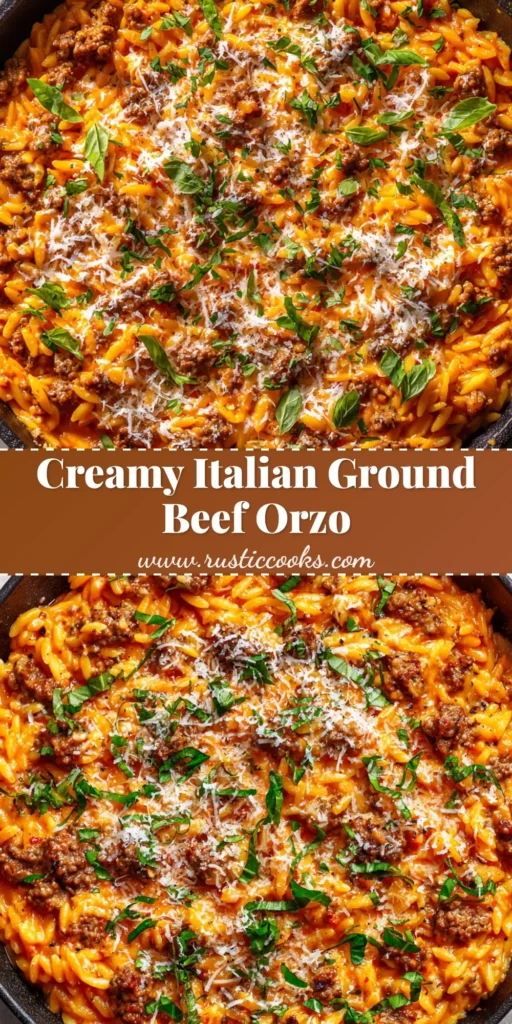 A rustic cast iron skillet filled with creamy Italian Ground Beef Orzo, featuring tender pasta, browned beef crumbles, and melted parmesan topped with fresh basil.