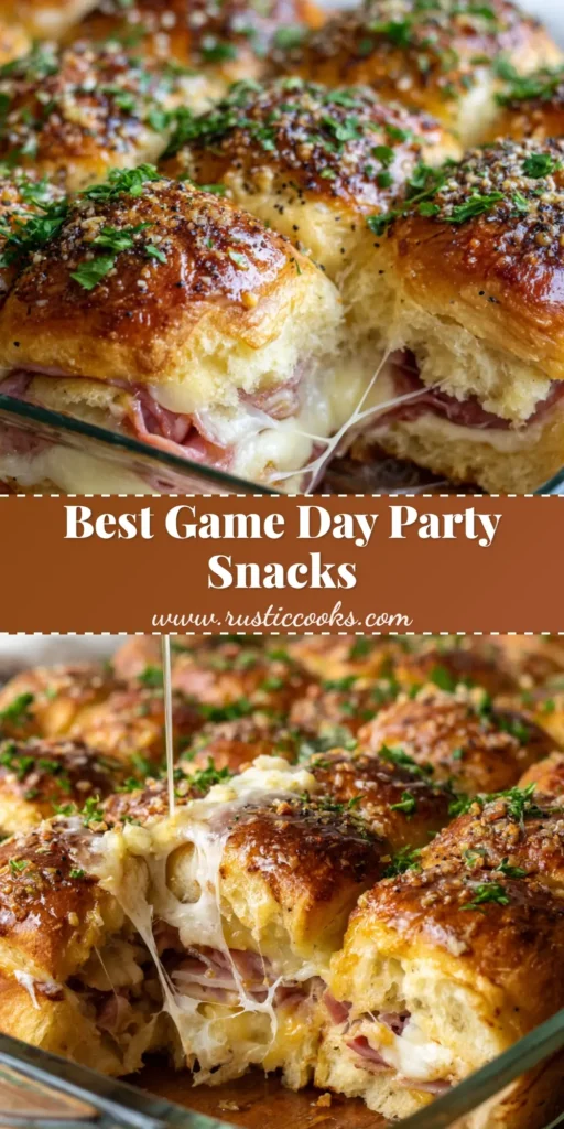 A freshly baked batch of Super Bowl potluck snacks featuring pull-apart sliders with gooey melted provolone cheese stretching between sweet rolls.